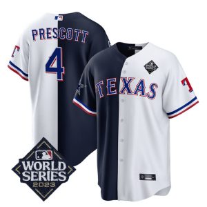 Men Dallas Cowboys & Texas Rangers #4 Dak Prescott Navy/White Splite 2023 World Series Splite Stitched Baseball Jersey