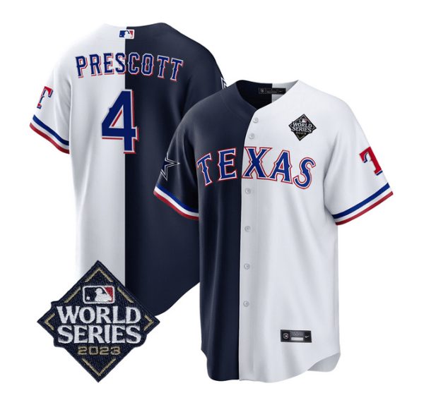 Men Dallas Cowboys & Texas Rangers #4 Dak Prescott Navy/White Splite 2023 World Series Splite Stitched Baseball Jersey