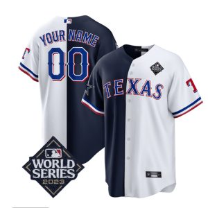 Men Dallas Cowboys & Texas Rangers Active Player Custom Navy/White Splite 2023 World Series Splite Stitched Baseball Jersey