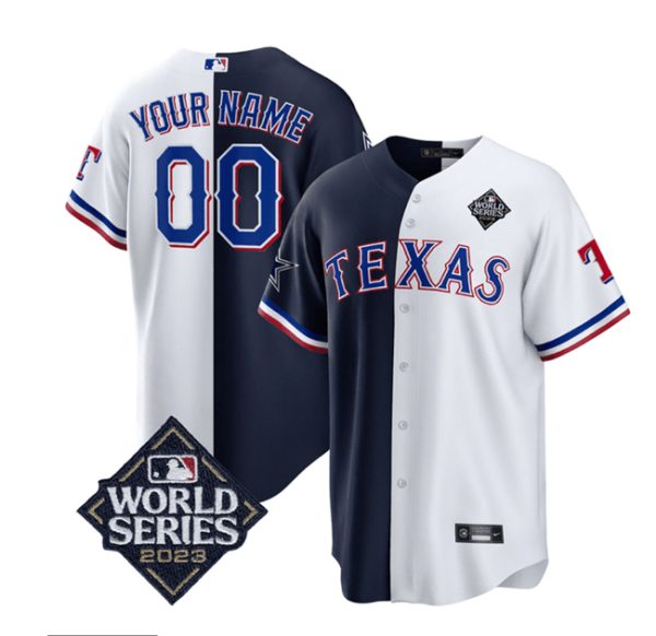 Men Dallas Cowboys & Texas Rangers Active Player Custom Navy/White Splite 2023 World Series Splite Stitched Baseball Jersey