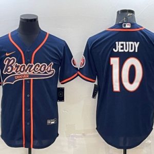 Men Denver Broncos #10 Jerry Jeudy Navy With Patch Cool Base Stitched Baseball Jersey