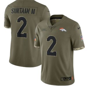 Men Denver Broncos #2 Pat Surtain II 2022 Olive Salute To Service Limited Stitched Jersey