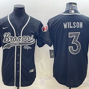 Men Denver Broncos #3 Russell Wilson Black Reflective With Patch Cool Base Stitched Baseball Jersey