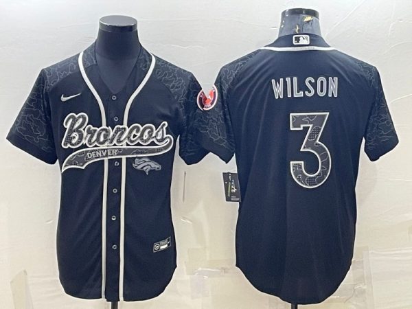 Men Denver Broncos #3 Russell Wilson Black Reflective With Patch Cool Base Stitched Baseball Jersey