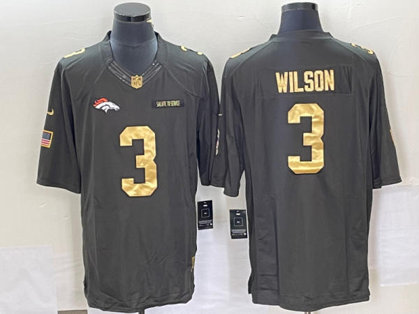 Men Denver Broncos #3 Russell Wilson Olive Gold Stitched Jersey