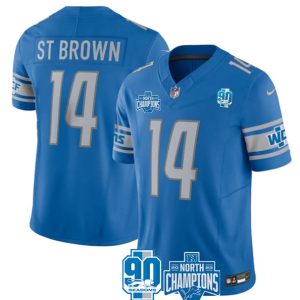 Men Detroit Lions #14 Amon-Ra St. Brown Blue 2023 90th Anniversary North Division Champions Patch Limited Stitched Jersey