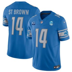 Men Detroit Lions #14 Amon-Ra St. Brown Blue 2023 F.U.S.E. With 1-Star C Patch And 90th Anniversary Patch Vapor Untouchable Limited Stitched Jersey