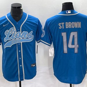 Men Detroit Lions #14 Amon-Ra St. Brown Blue Cool Base Stitched Baseball Jersey