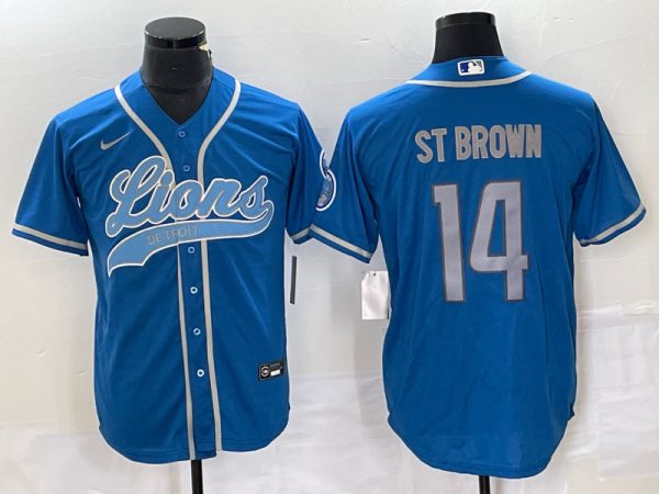 Men Detroit Lions #14 Amon-Ra St. Brown Blue Cool Base Stitched Baseball Jersey