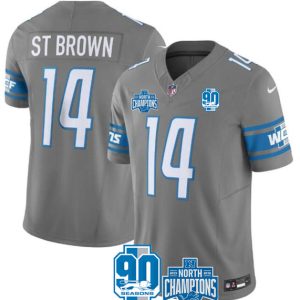 Men Detroit Lions #14 Amon-Ra St. Brown Gray 2023 90th Anniversary North Division Champions Patch Limited Stitched Jersey