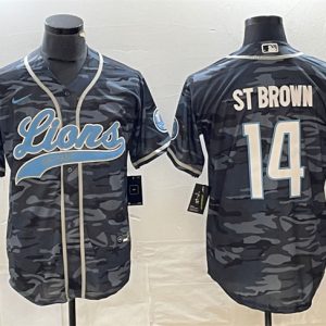 Men Detroit Lions #14 Amon-Ra St. Brown Gray Camo Cool Base Stitched Baseball Jersey