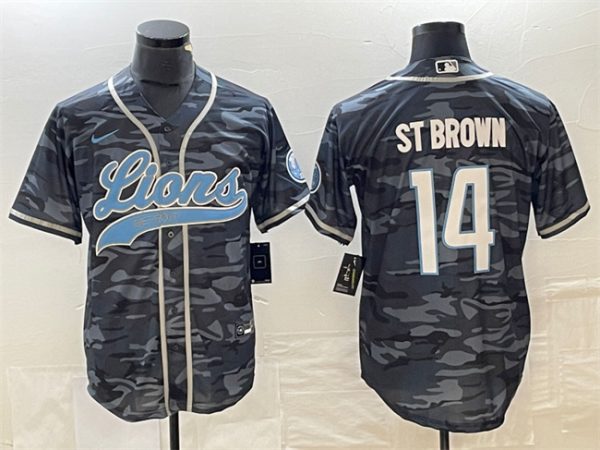 Men Detroit Lions #14 Amon-Ra St. Brown Gray Camo Cool Base Stitched Baseball Jersey