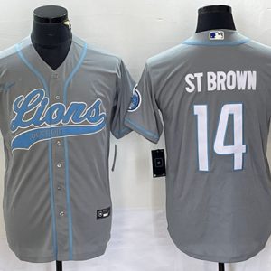 Men Detroit Lions #14 Amon-Ra St. Brown Gray Cool Base Stitched Baseball Jersey