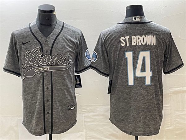 Men Detroit Lions #14 Amon-Ra St. Brown Gray Cool Base Stitched Baseball Jersey