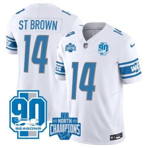 Men Detroit Lions #14 Amon-Ra St. Brown White 2023 90th Anniversary North Division Champions Patch Limited Stitched Jersey