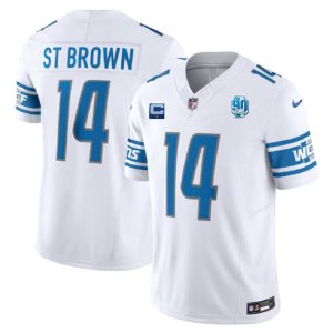 Men Detroit Lions #14 Amon-Ra St. Brown White 2023 F.U.S.E. With 1-Star C Patch And 90th Anniversary Patch Vapor Untouchable Limited Stitched Jersey