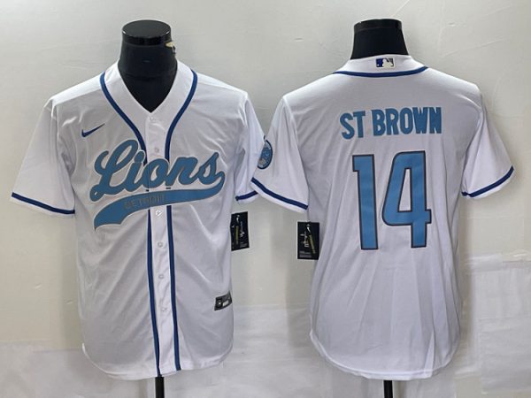 Men Detroit Lions #14 Amon-Ra St. Brown White Cool Base Stitched Baseball Jersey