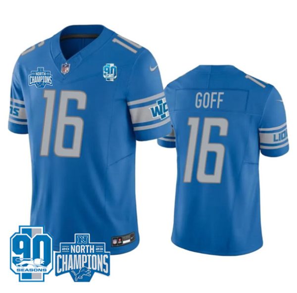 Men Detroit Lions #16 Jared Goff Blue 2023 90th Anniversary North Division Champions Patch Limited Stitched Jersey