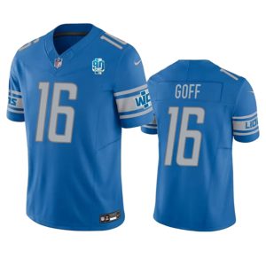 Men Detroit Lions #16 Jared Goff Blue 2023 F.U.S.E. 90th Anniversary Patch Vapor Untouchable Limited Stitched Jersey