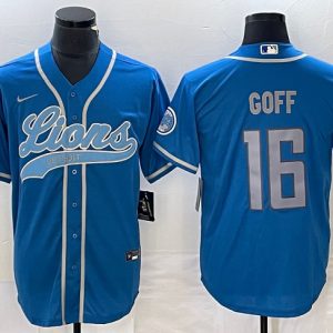 Men Detroit Lions #16 Jared Goff Blue Cool Base Stitched Baseball Jersey