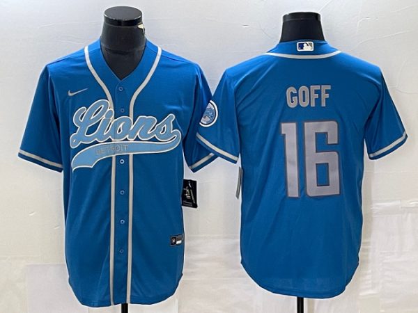 Men Detroit Lions #16 Jared Goff Blue Cool Base Stitched Baseball Jersey