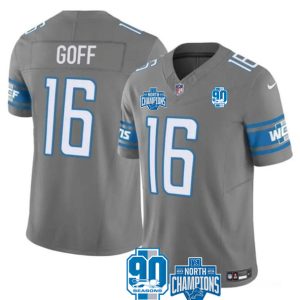 Men Detroit Lions #16 Jared Goff Gray 2023 90th Anniversary North Division Champions Patch Limited Stitched Jersey