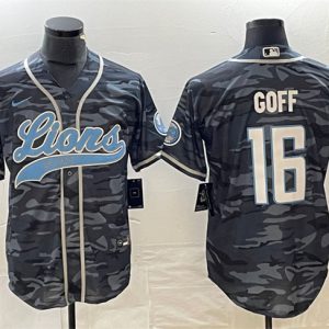 Men Detroit Lions #16 Jared Goff Gray Camo Cool Base Stitched Baseball Jersey