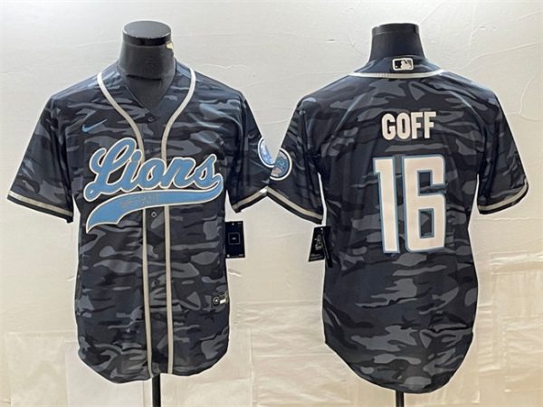 Men Detroit Lions #16 Jared Goff Gray Camo Cool Base Stitched Baseball Jersey