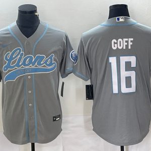 Men Detroit Lions #16 Jared Goff Gray Cool Base Stitched Baseball Jersey