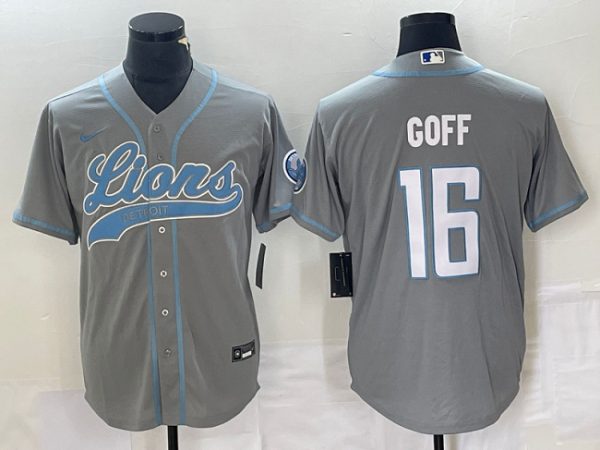 Men Detroit Lions #16 Jared Goff Gray Cool Base Stitched Baseball Jersey