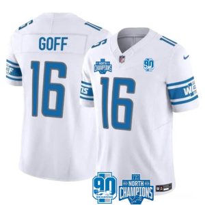 Men Detroit Lions #16 Jared Goff White 2023 90th Anniversary North Division Champions Patch Limited Stitched Jersey