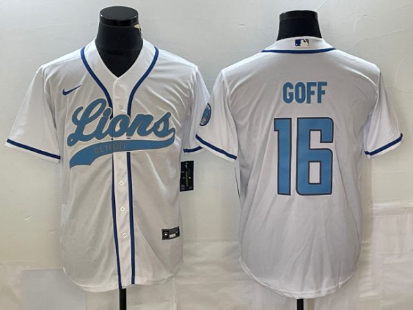 Men Detroit Lions #16 Jared Goff White Cool Base Stitched Baseball Jersey