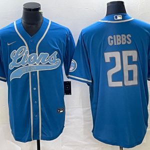 Men Detroit Lions #26 Jahmyr Gibbs Blue Cool Base Stitched Baseball Jersey