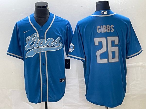 Men Detroit Lions #26 Jahmyr Gibbs Blue Cool Base Stitched Baseball Jersey