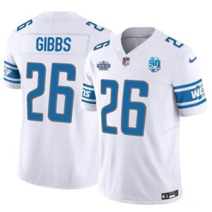 Men Detroit Lions #26 Jahmyr Gibbs White 2023 F.U.S.E. Prem1ere Patch 90th Anniversary Vapor Untouchable Limited Stitched Jersey