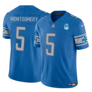 Men Detroit Lions #5 David Montgomery Blue 2023 F.U.S.E. 90th Anniversary Vapor Untouchable Limited Stitched Jersey