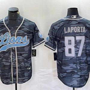 Men Detroit Lions #87 Sam LaPorta Gray Camo Cool Base Stitched Baseball Jersey