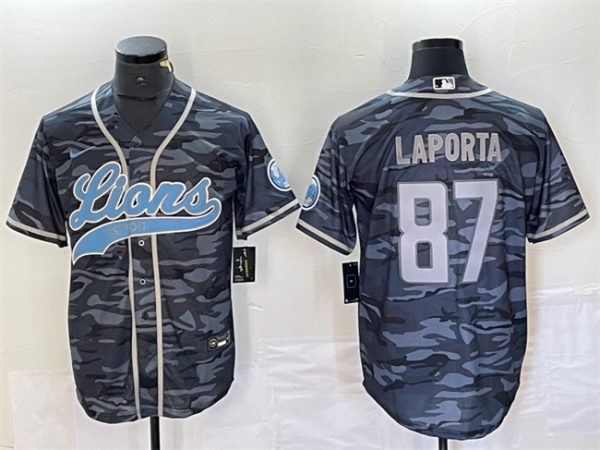 Men Detroit Lions #87 Sam LaPorta Gray Camo Cool Base Stitched Baseball Jersey