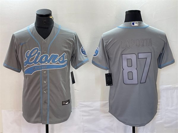 Men Detroit Lions #87 Sam LaPorta Gray Cool Base Stitched Baseball Jersey