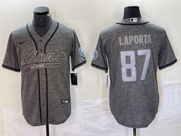 Men Detroit Lions #87 Sam LaPorta Gray Cool Base Stitched Baseball Jersey