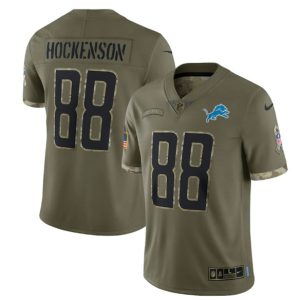 Men Detroit Lions #88 T. J. Hockenson 2022 Olive Salute To Service Limited Stitched Jersey