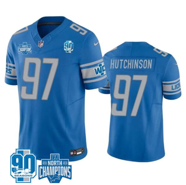 Men Detroit Lions #97 Aidan Hutchinson Blue 2023 90th Anniversary North Division Champions Patch Limited Stitched Jersey