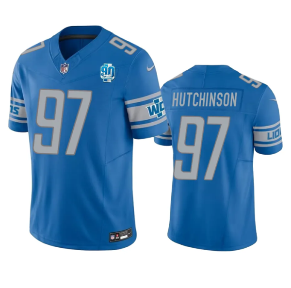 Men Detroit Lions #97 Aidan Hutchinson Blue 2023 F.U.S.E. 90th Anniversary Vapor Untouchable Limited Stitched Jersey