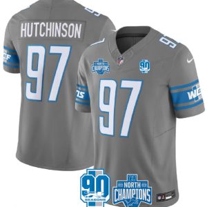 Men Detroit Lions #97 Aidan Hutchinson Gray 2023 90th Anniversary North Division Champions Patch Limited Stitched Jersey