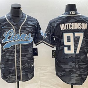 Men Detroit Lions #97 Aidan Hutchinson Gray Camo Cool Base Stitched Baseball Jersey