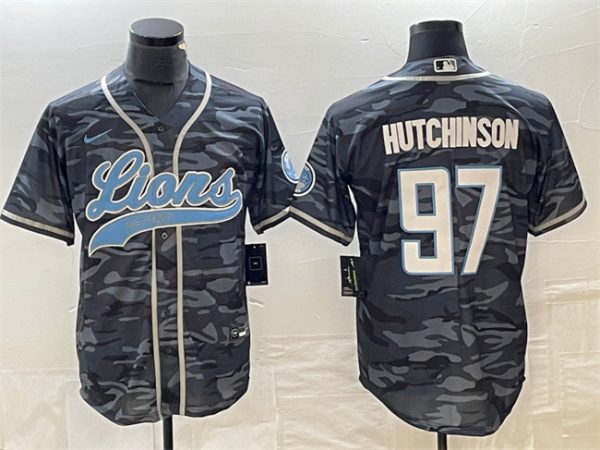 Men Detroit Lions #97 Aidan Hutchinson Gray Camo Cool Base Stitched Baseball Jersey