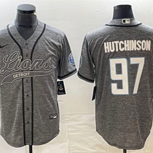 Men Detroit Lions #97 Aidan Hutchinson Gray Cool Base Stitched Baseball Jersey