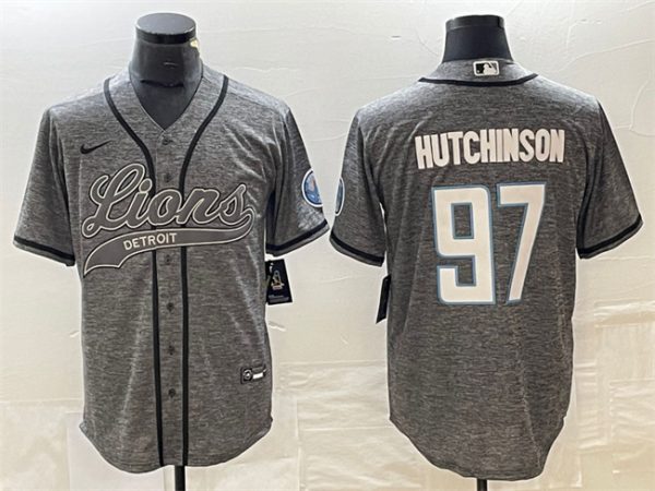 Men Detroit Lions #97 Aidan Hutchinson Gray Cool Base Stitched Baseball Jersey