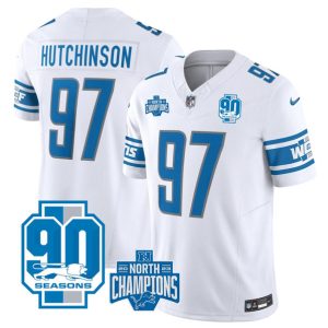 Men Detroit Lions #97 Aidan Hutchinson White 2023 90th Anniversary North Division Champions Patch Limited Stitched Jersey