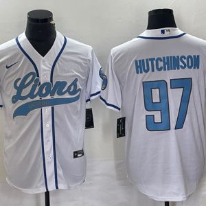 Men Detroit Lions #97 Aidan Hutchinson White Cool Base Stitched Baseball Jersey